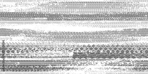 Horizontal grey tire tread print with grunge effect seamless pattern. Footprint of bike or vehicle wheels with texture. Top view of rubber protector marks on road. Vector background