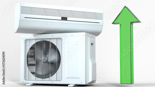 Air conditioner upgrade illustration. Repair ac. 3D render isolated on white. Air conditioner units green arrow up symbol.