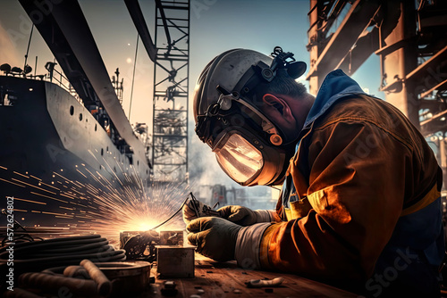 Fotobehang Welder at work on shipbuilding, shipyard, heavy industry, ai generative