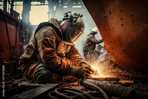 Slika na platnu Welder at work on shipbuilding, shipyard, heavy industry, ai generative