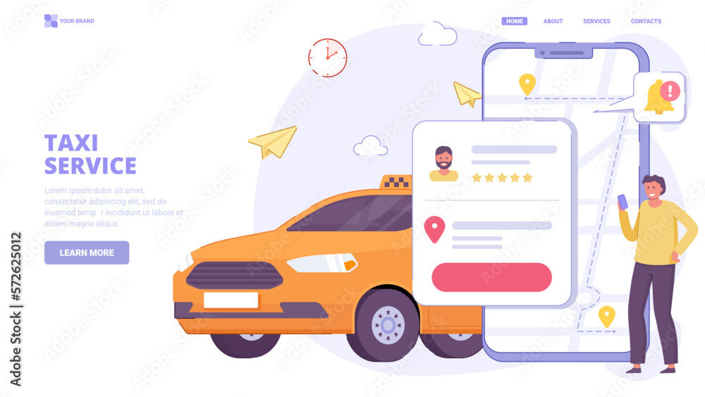 Taxi application, order taxi online. Flat design concept with characters for landing page. Vector illustration for website, banner. Taxi application, order taxi online. Flat design concept with characters for landing page. Vector illustration for website, banner.