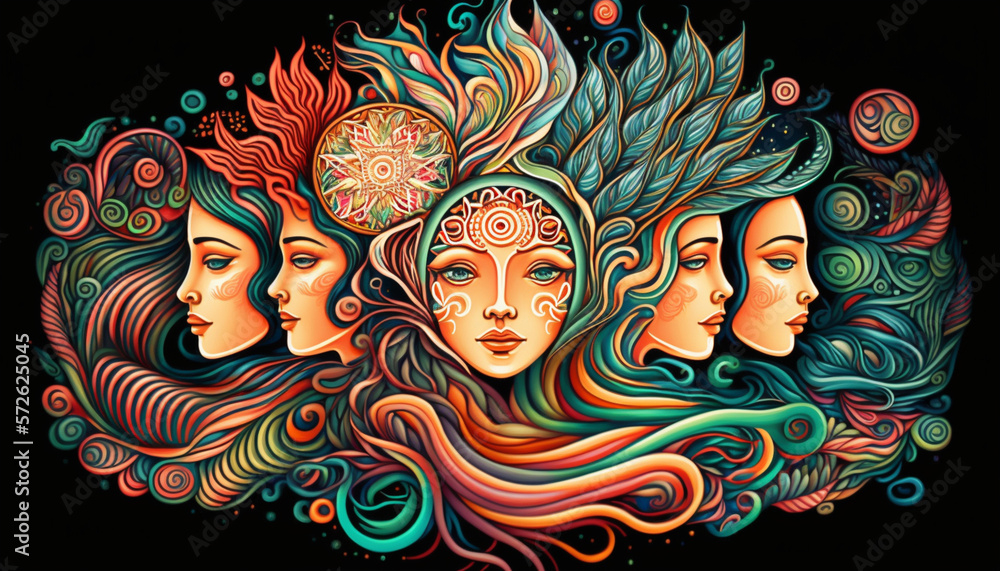 The women's heads forming the center of a mandala-like pattern. Psychic Waves with colorful  illustration