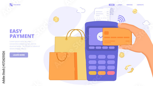 Payment with terminal and credit card. Successful transaction, payment method concept. 3d vector icon for web site, banner, landing page, print. Payment process three dimensional illustration.