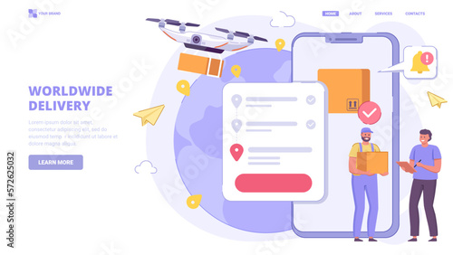 Worldwide delivery, tracking delivery, world wide shipping. Flat design concept with characters for landing page. Vector illustration for website, banner.