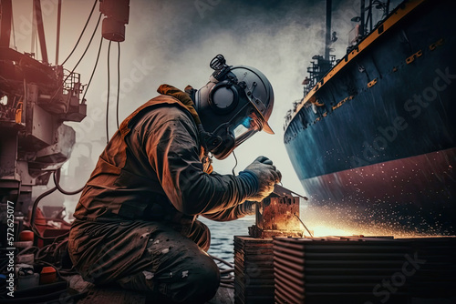 Fotografia Welder at work on shipbuilding, shipyard, heavy industry, ai generative