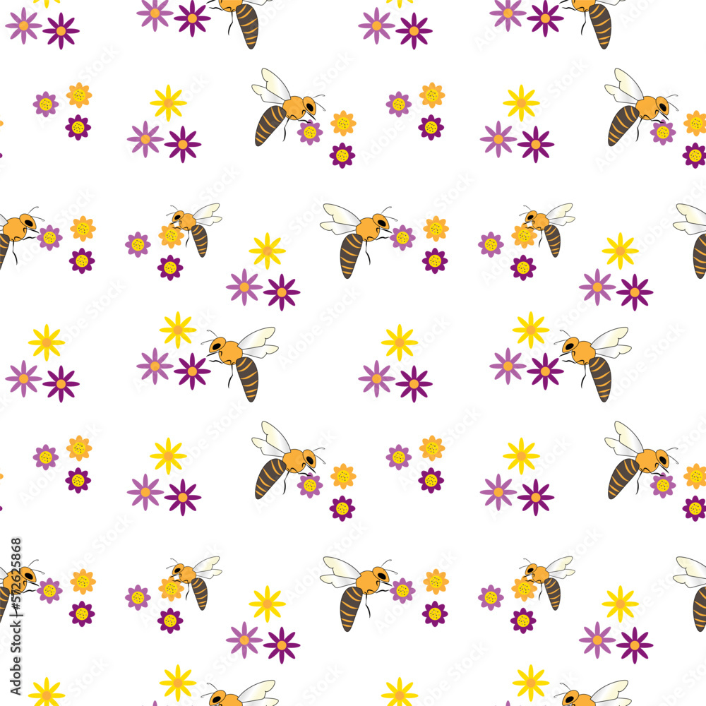 Seamless vector pattern of bees and flowers on white background. Drawing for children's textiles Seamless vector pattern of bees and flowers on white background. Drawing for children's textiles