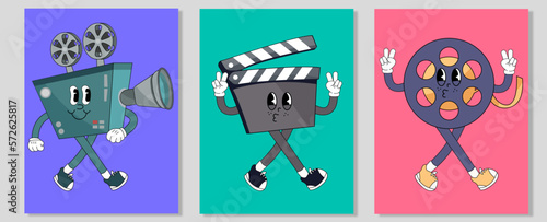 Groovy Retro film camera, cine film, slate board. Cute cartoon characters with hands, legs, eyes. Cinema, movie theater, cinematography, movie watching concept. Hand drawn Vector illustration