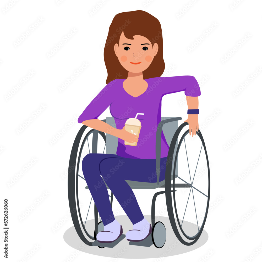 Beautiful woman in wheelchair with paper cup of coffee. Vector illustration of disabled people. Beautiful woman in wheelchair with paper cup of coffee. Vector illustration of disabled people.