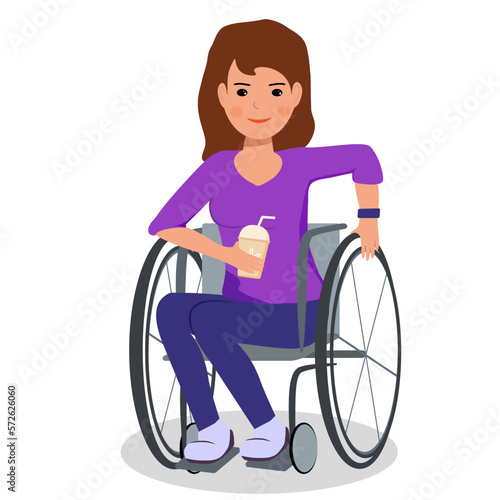 Beautiful woman in wheelchair with paper cup of coffee. Vector illustration of disabled people.