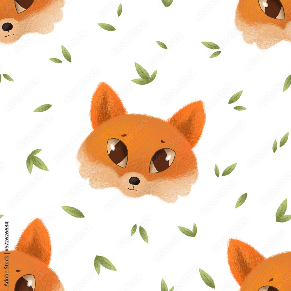 Fox seamless pattern. Cute fox head among leaves. Transparent background Fox seamless pattern. Cute fox head among leaves. Transparent background