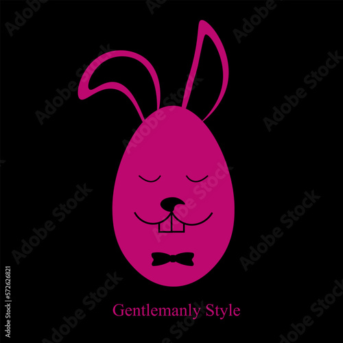 Style easter greeting card with bunny egg in bow tie. Viva magenta rabbit in bowtie on black background. Gentleman bunny.