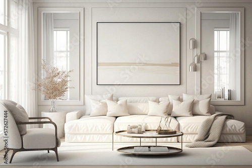 mid century modern interior design white neutral, light beige living room, seating area, day time, sofa lot of cushions, classic style, generative ai