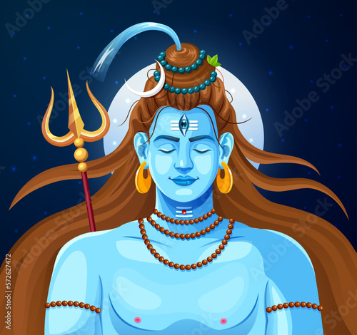 Lord Shiva Indian God of Hindu vector illustration greeting background design. Maha Shivratri or Mahashivratri, Om Namah Shivaya. Lord mahadev Graphic trendy design in full moon.