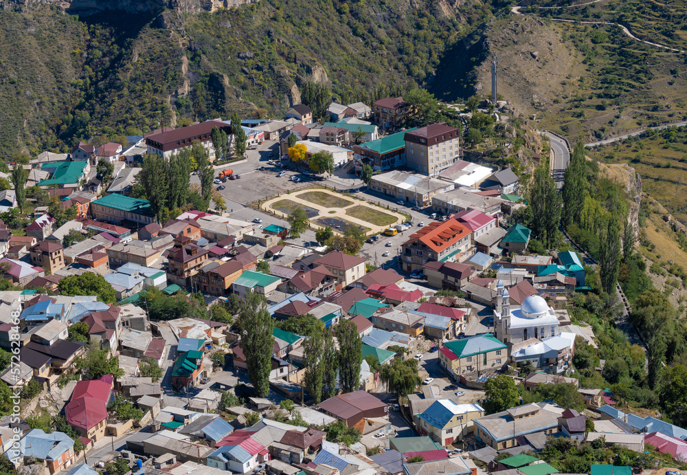 View of the central square of the mountain village Gunib on a sunny September day