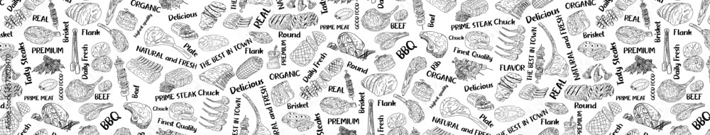 Meat seamless pattern. Hand-drawn vector illustration. Carved style. Food menu background. Sketch illustration. Meat seamless pattern. Hand-drawn vector illustration. Carved style. Food menu background. Sketch illustration.