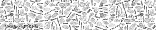 Meat seamless pattern. Hand-drawn vector illustration. Carved style. Food menu background. Sketch illustration.