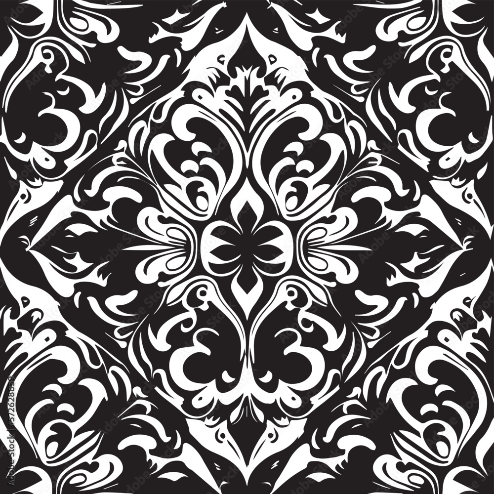Create an elegant backdrop with classic tiled patterns in white and black, inspired by the luxurious Renaissance and Rococo styles. Use the ornamental tile designs as templates for fabric, paper Create an elegant backdrop with classic tiled patterns in white and black, inspired by the luxurious Renaissance and Rococo styles. Use the ornamental tile designs as templates for fabric, paper