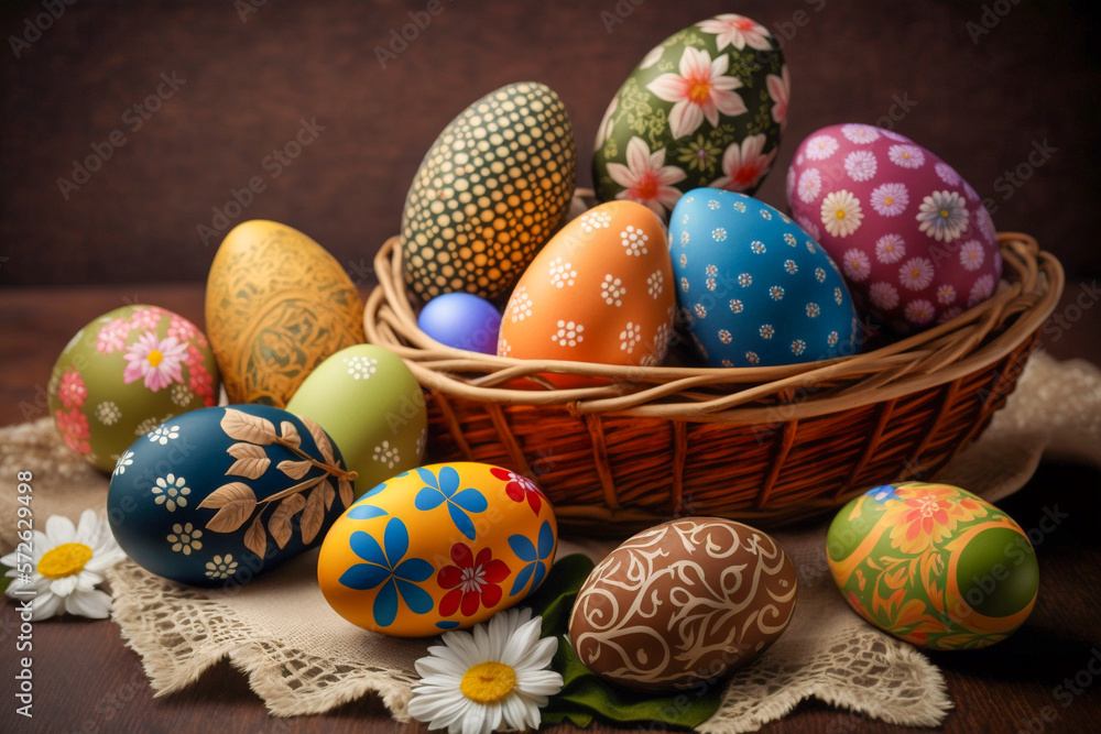 Easter eggs in basket. Generative AI. Easter eggs in basket. Generative AI.