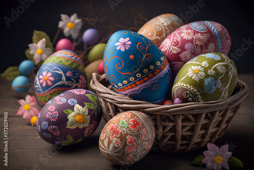 Easter eggs in basket. Generative AI.