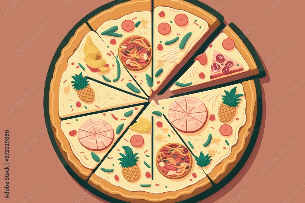 Abstract fast food Hawaiian pizza cartoon style. Generative AI