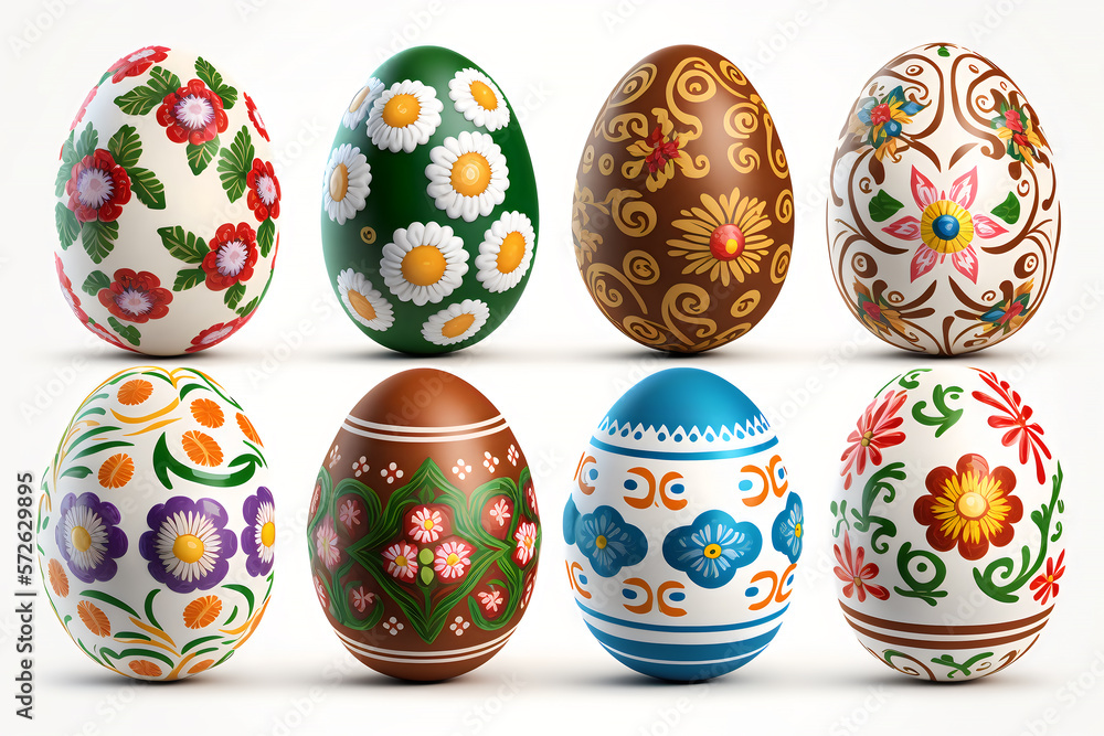A set of different decorated Easter eggs isolated on white background. Generative AI A set of different decorated Easter eggs isolated on white background. Generative AI