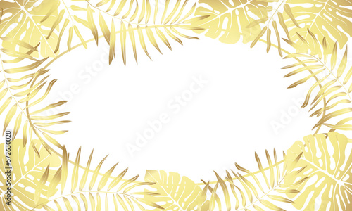 Horizontal oval frame with golden leaves of tropical plants. Vector illustration with free space for text.