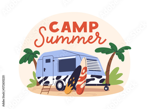 Camper car, RV and surfboards. Summer camp, tourism, surfing concept. Holiday...