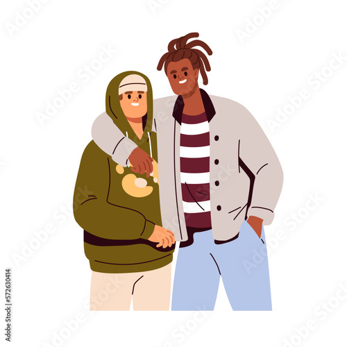 Two men, best friends embracing. Happy male characters, interracial bros hugging together. Young smiling guys portrait. Friendship concept. Flat vector illustration isolated on white background