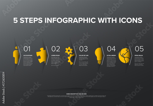 Vector five steps progress or options template with big icons on dark gray background