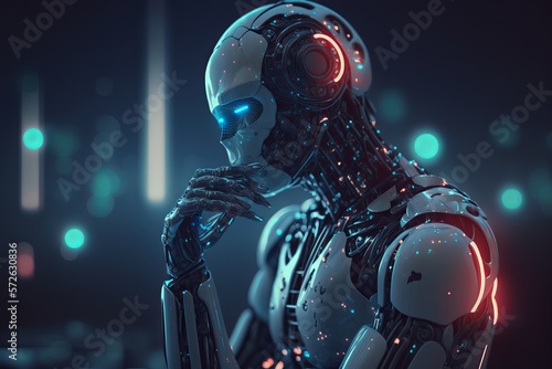 Ai Robot thinking with hand on chin, Artificial intelligence glowing light background. Generative Ai