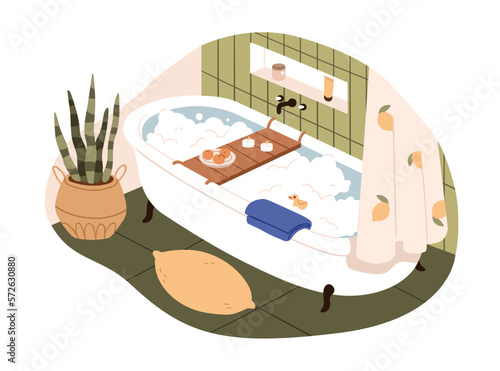 Bath tub with soap foam, water for home spa. Bathroom interior with bathtub, tray, candles, duck toy for relaxation. Cozy wash room for relaxing. Flat vector illustration isolated on white background