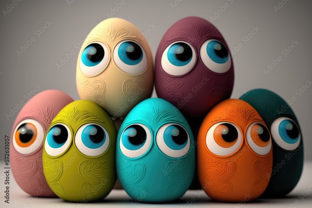 Colored easter eggs with funny expressions. Generative AI