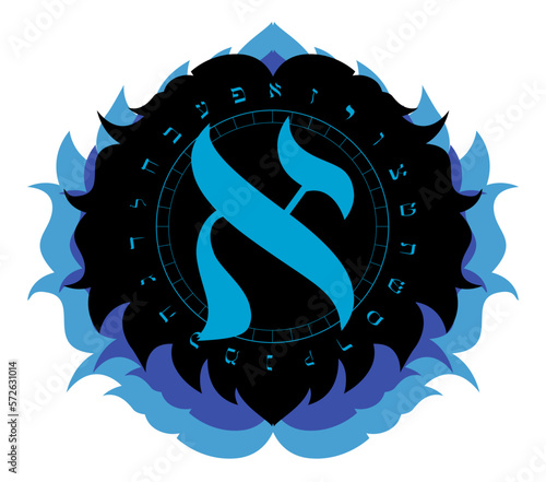 Vector illustration of the Hebrew alphabet in circular design. Hebrew letter called Aleph large and blue.	