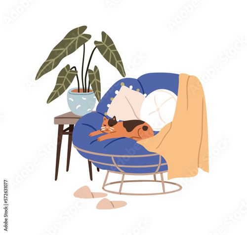 Cute cat sleeping in armchair at home. Feline animal dreaming, asleep in cosy comfortable chair. Adorable kitty lying, resting in comfort. Flat vector illustration isolated on white background