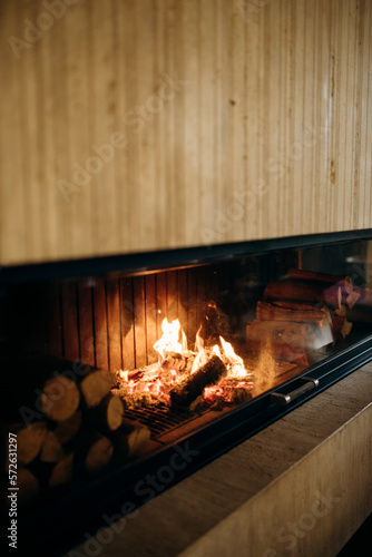 Large Fireplace with Glass Doors and Burning Fire, Surrounded by Wood