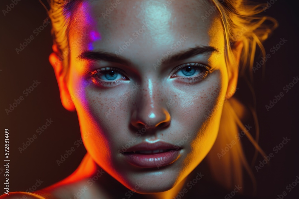 Fotografía de estudio mujer joven, fotografía moderna con luces de neón a modelo, creado con IA generativa