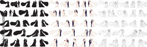 set woman and man wedding silhouette isolated