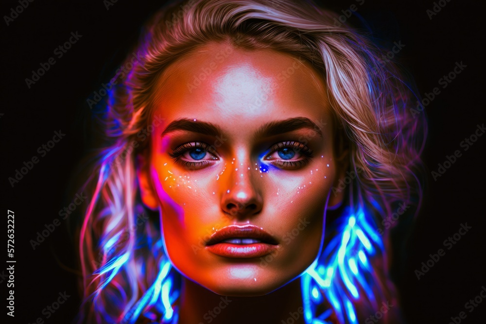 Fotografía de estudio mujer joven, fotografía moderna con luces de neón a modelo, creado con IA generativa Fotografía de estudio mujer joven, fotografía moderna con luces de neón a modelo, creado con IA generativa