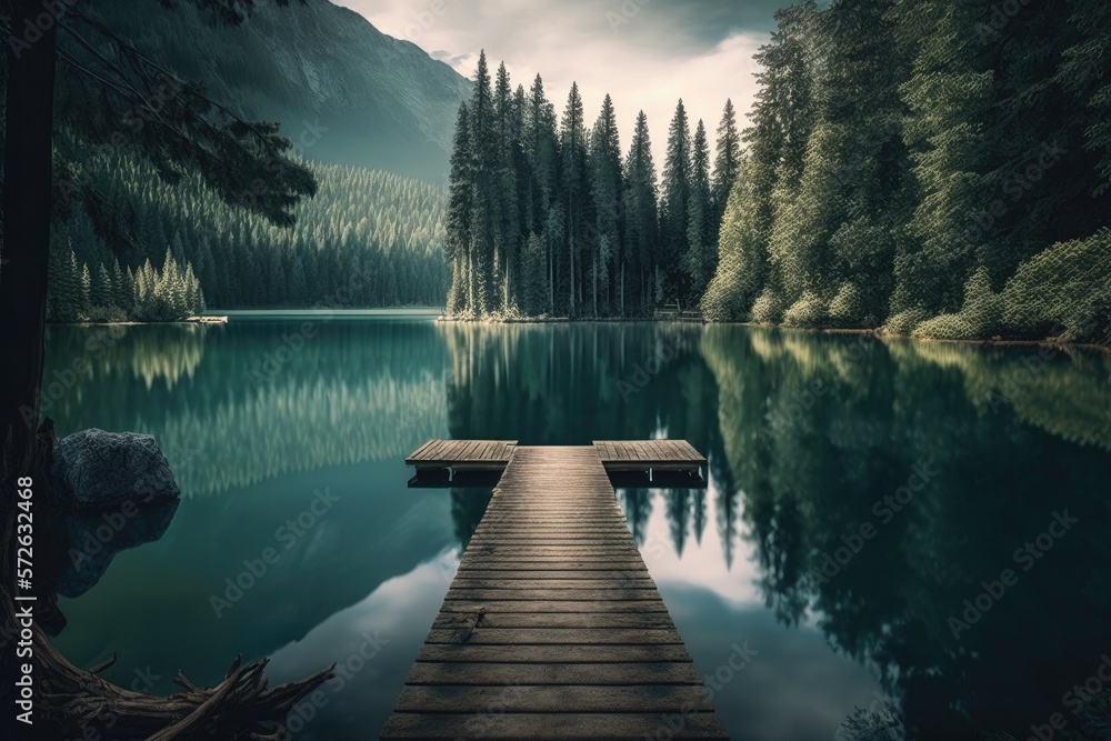 Serene lake surrounded by towering trees, with a small wooden dock extending out into the water. Generative AI