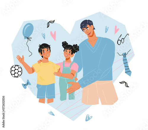 Father day card design element, flat vector illustration on white background. Happy father and children in heart shaped frame for greeting card and poster.