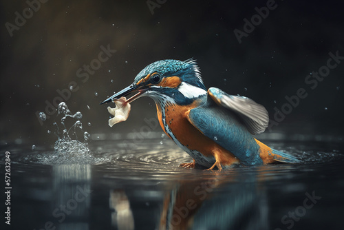Beautiful kingfisher catching a fish. Generative AI © Kanchana