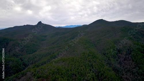 AERIAL OF TABLE ROCK AND HAWKSBILL MOUNTAINS WITH MOUNT MITCHELL NC IN THE BACKGROUND photo