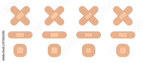 Set of adhesive plaster bandage elastic. Medical patches for light skin. Isolated vector and PNG illustration on transparent background.