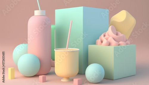  pastel color product display on modern background with blank showcase for showing cups cube bottle 3D Rendering. - Generative AI
