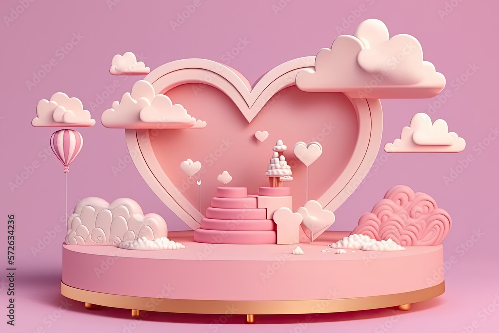 Realistic 3D pink pedestal podium in heart shape. Minimal scene for valentine or Mother´s day product display presentation. Vector rendering geometric platform. Generative AI Realistic 3D pink pedestal podium in heart shape. Minimal scene for valentine or Mother´s day product display presentation. Vector rendering geometric platform. Generative AI