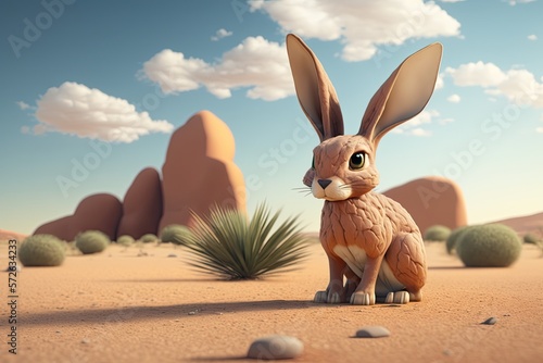 Cute Cartoon Jack Rabbit in the Desert (Created with Generative AI) photo