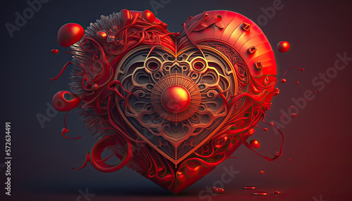 Valentine's Day Background with Red Metallic Love Heart. Generative AI.