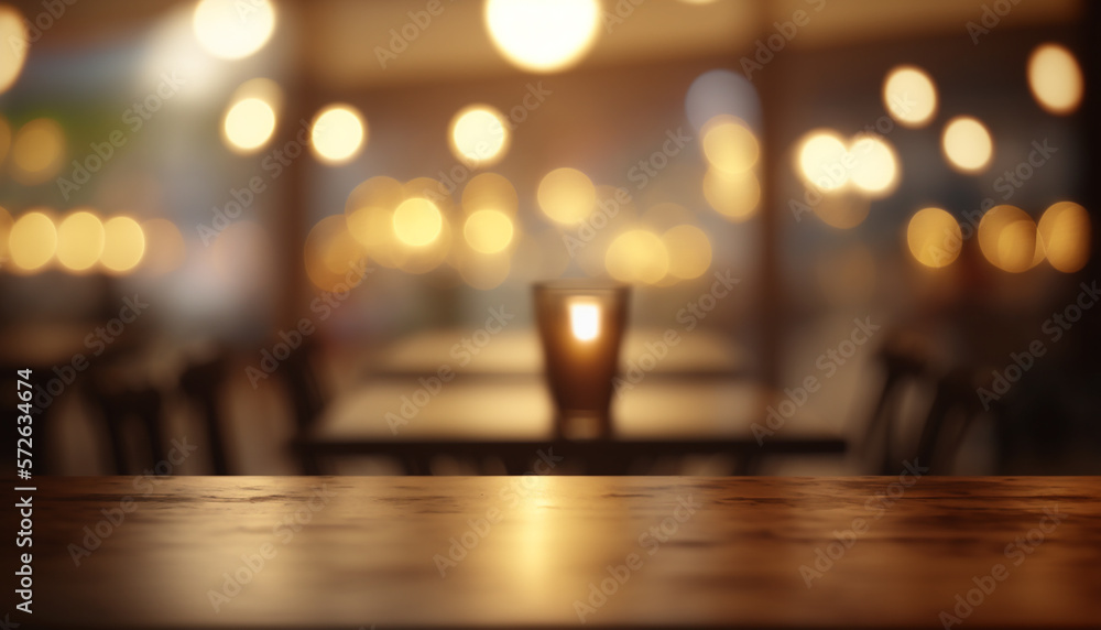 Table en bois vide, vue de dessus, avec un fond restaurant bar flou, bougie (AI)