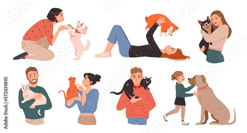 Pet owners. People with their cute pets. Men and women with cats and dogs. Cartoon vector set.