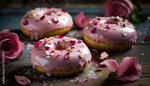 Pink donuts and flowers for any celebration on dark background. Generative AI